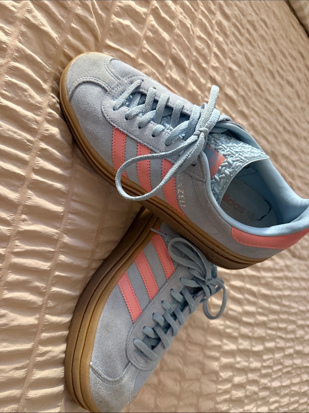 adidas Gazelle Light Blue Suede Sneakers with Pink Stripes and Gum Sole